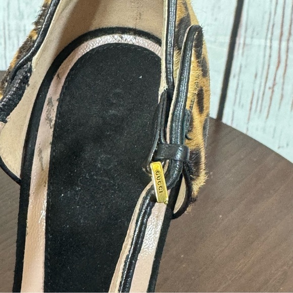 GUCCI Pony Hair Suede Leopard Print Crisscross  Peep Toe platform Heels 36.5 EUC - Picture 14 of 17